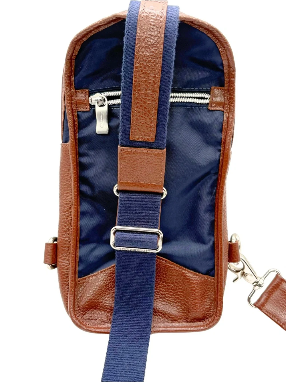 Orobianco Navy Nylon & Brown Leather Crossbody Sling Bag Made in Italy